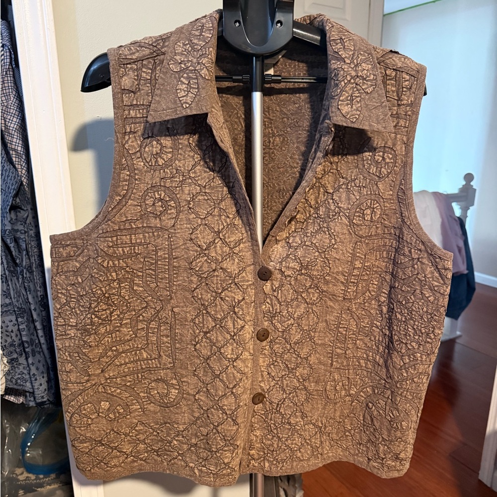 Brown Boho Chic Textured Button-Up Vest 1X